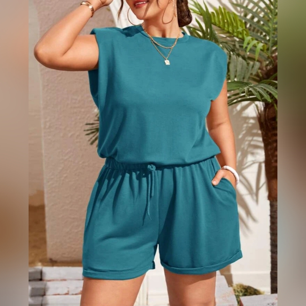 SHEIN VCAY Plus Solid Open Back Pocket Romper Baby Blue Color 0X